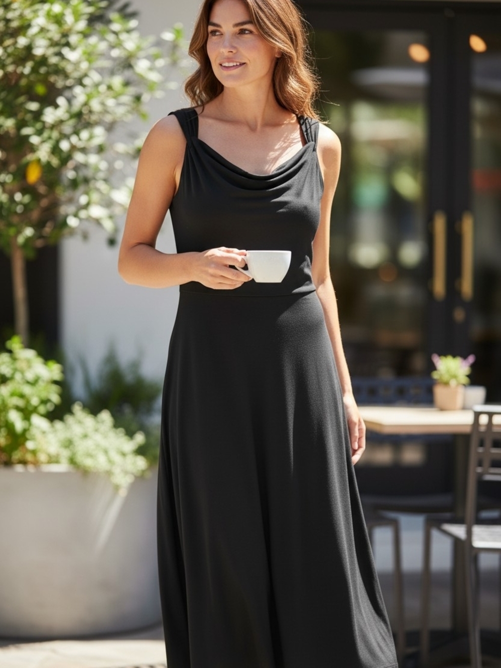 David Meister Black Sleeveless Cowl Neck Maxi Dress